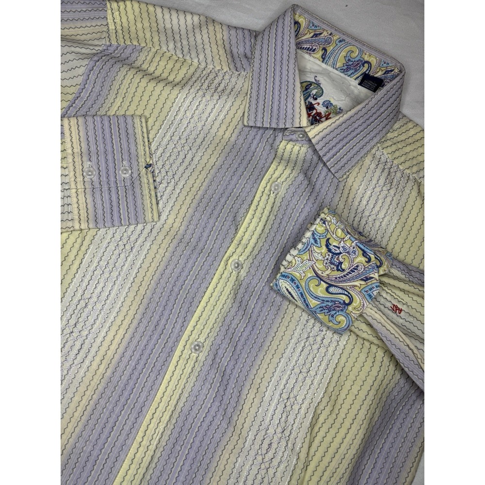 Robert Graham Large Paisley‎ Flip Cuff Embroidered Stripe Pastel Yellow Purple